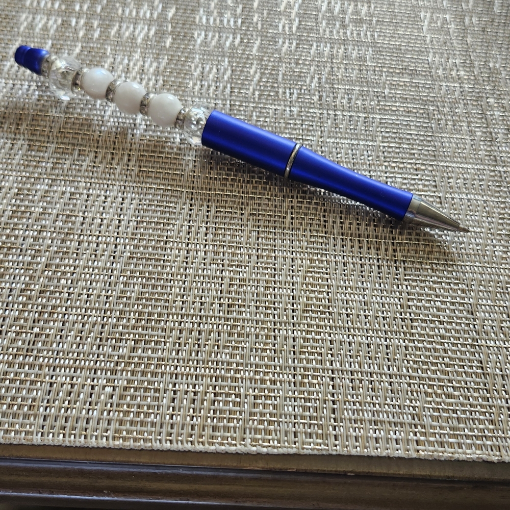 Hand Crafted Blue and White Beaded Pen
